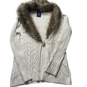 Chaps Faux Fur Collar Cable Knit Cardigan Large Women's Y2K Preppy Cozy